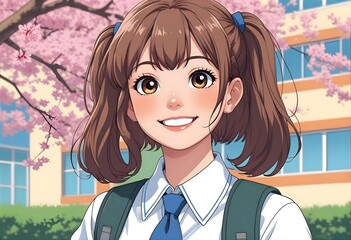 桜が咲く春の学校の前で笑みを浮かべている女子高生の日本アニメイラスト