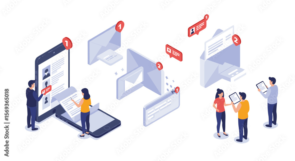 Poster isometric vector illustration of digital communication and team collaboration for business networkin