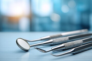 Dental tools resting on a surface with a blurred