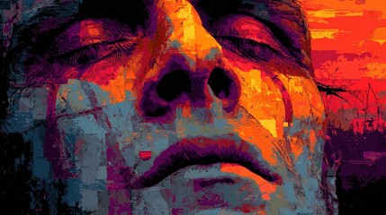 Close-up of an extremely sad man's face, in a digital pixel art style, with sunbeams reflecting, orange, purple, glitch background. Graphic elements of old movie posters, pixelated effect.