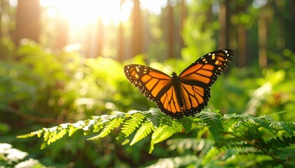 Monarch Butterfly in the Sunshine: A vibrant monarch butterfly, showcasing intricate patterns, rests gracefully upon lush green foliage in a sun-drenched forest.
