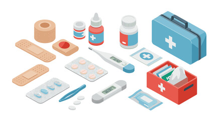 Isometric first aid kit vector illustration for medical and emergency design