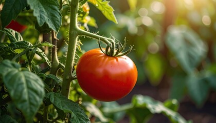 Tomato on Vine: A vibrant, ripe tomato glistens on the vine, nestled among lush green leaves, illuminated by warm sunlight in a picturesque garden setting.