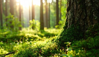 Forest Floor at Sunrise: Sunlight filters through the canopy of a lush forest, illuminating a mossy tree trunk and the vibrant green ground cover.