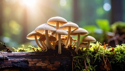 Forest Floor Mushrooms: A close-up shot reveals a cluster of delicate mushrooms sprouting from a moss-covered log, with sunlight filtering through the surrounding forest.