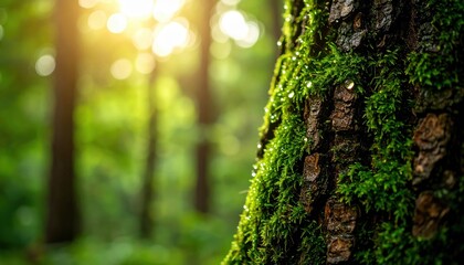 Forest Trunk Embrace: A close-up shot of a textured tree trunk covered in vibrant green moss, with a soft, sun-dappled forest background creating a serene atmosphere.