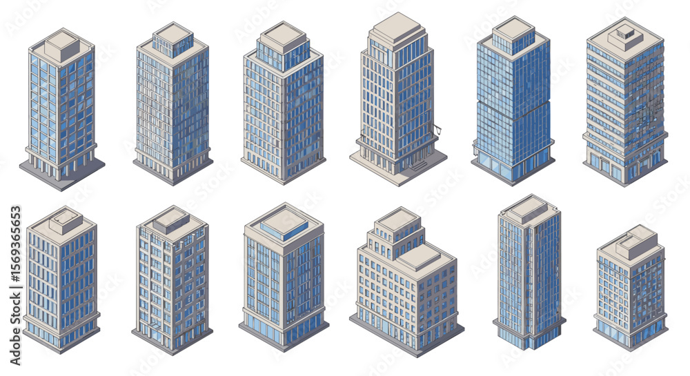 Poster isometric vector illustration of skyscraper collection for urban design and architecture projects