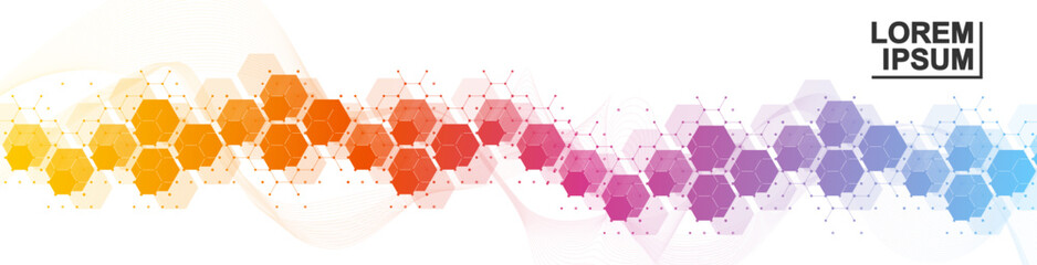 Health care or medical abstract background with hexagons, lines and dots. Scientific innovation banner template concept. Biology and pharmaceutical technology background. Vector illustration.