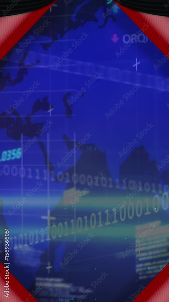 Poster animation of paper opening over map, binary codes, programming language on abstract background