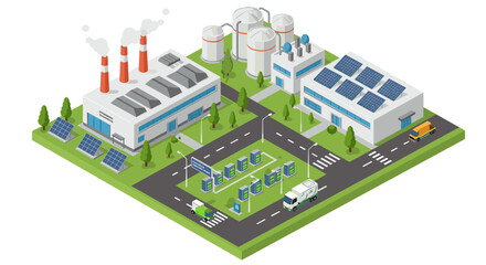 Sustainable energy isometric vector illustration of industrial and solar power plant scene for renewable energy design