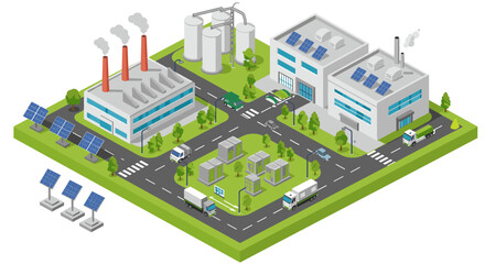 Sustainable energy and industrial park vector illustration: solar panels, factories, and green transportation