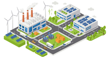 Fototapeta premium Sustainable energy vector illustration: isometric eco-friendly industrial scene with solar panels and wind turbines