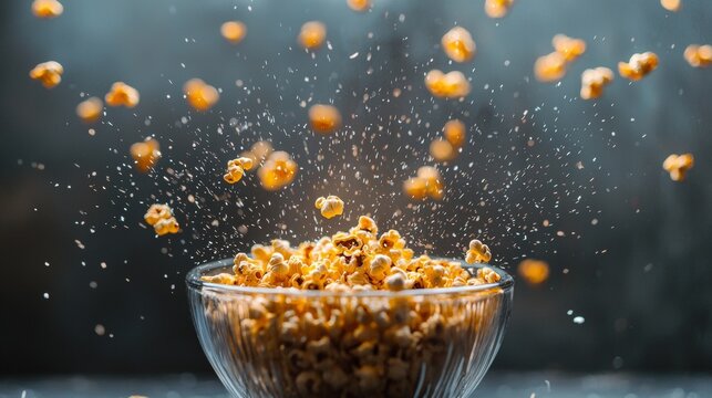 Popcorn bursting mid air in glass bowl for dynamic food action photography snack explosion cinematic concept