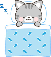 布団に入って眠るサバトラネコ