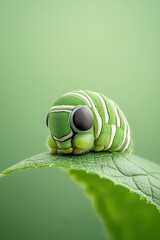Green Caterpillar Rests on a Leaf. Creature with Big Eyes and White Stripes. Gardening and Nature Background. Close View. Garden Animal.