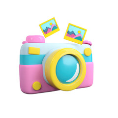 A whimsical cartoon camera with rounded edges is presented in bright colors with a photo