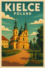 Fototapeta premium Illustrated view of Kielce, Poland, featuring a yellow baroque church with twin towers and a green dome, garden path, lamppost, and trees under a cloudy sky