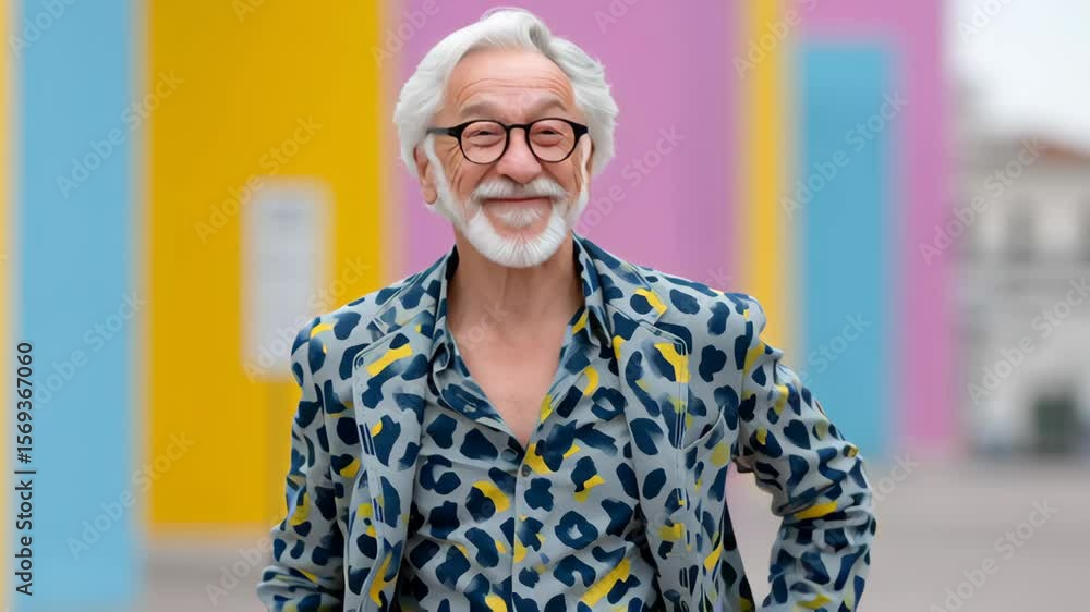 Aufkleber man in a leopard print shirt and glasses is smiling. he is standing in front of a colorful building