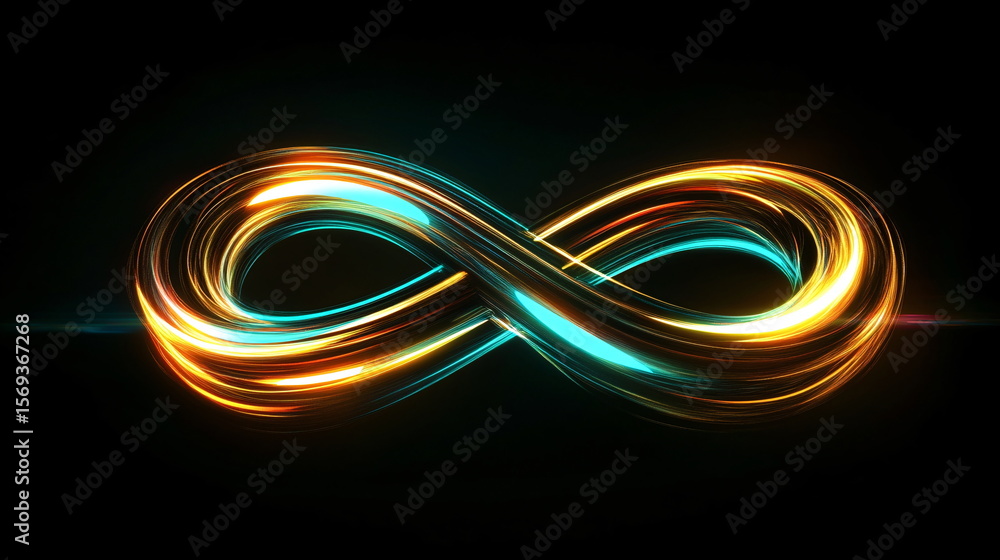 Poster colorful infinity symbol on abstract digital road. data flow. light trails representing high speed i