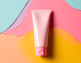 A tube of pink cream on a pastel background
