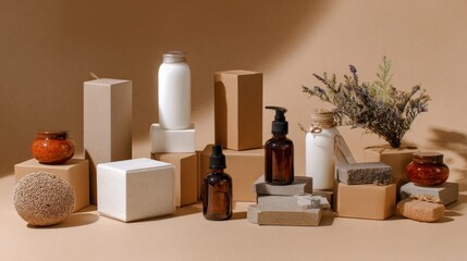 Natural spa skincare products and earthy packaging in neutral tones for organic self care lifestyle branding shoot
