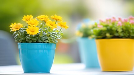 Bright yellow flowers in colorful pots on a sunny outdoor table