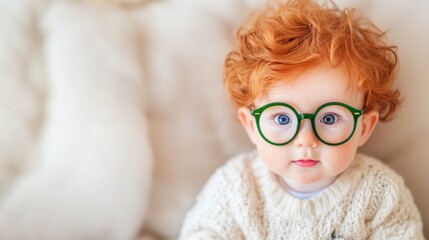 Cute toddler with curly red hair and glasses poses indoors in cozy setting
