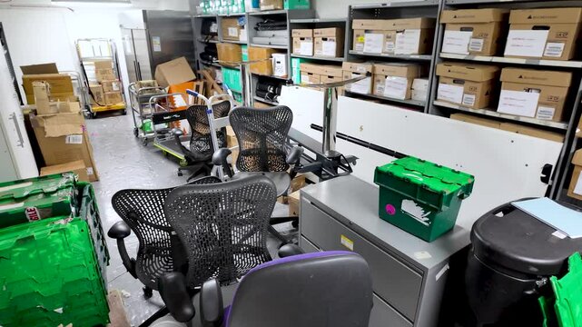 Office basement cluttered with chairs and storage boxes