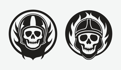 Biker Skull with Classic Helmet and Fiery Ring Motif Behind in Bold Black Silhouette for Unique Designs