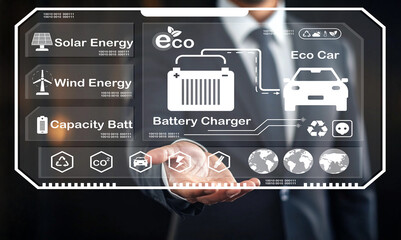 Modern Technology Interface Showing Renewable Energy Solutions and Eco-Friendly Transportation...