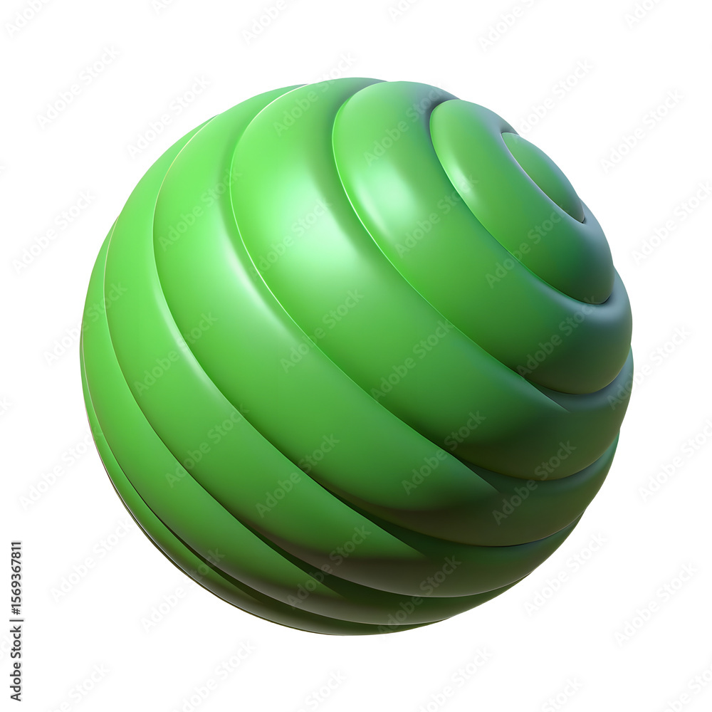 Poster spiraling green sphere with deep indentations 3d render on transparent background
