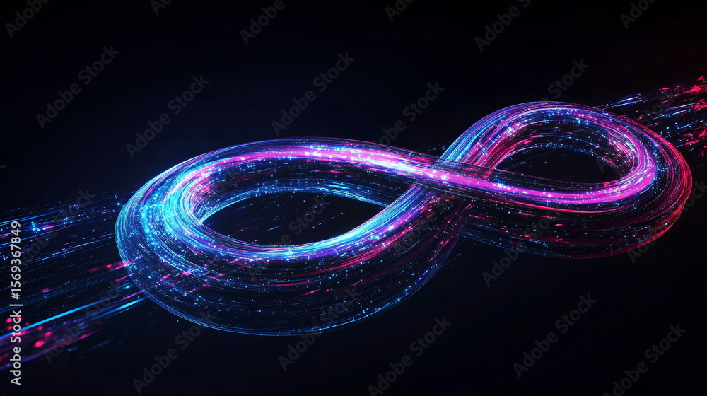 Poster colorful infinity symbol on abstract digital road. data flow. light trails representing high speed i