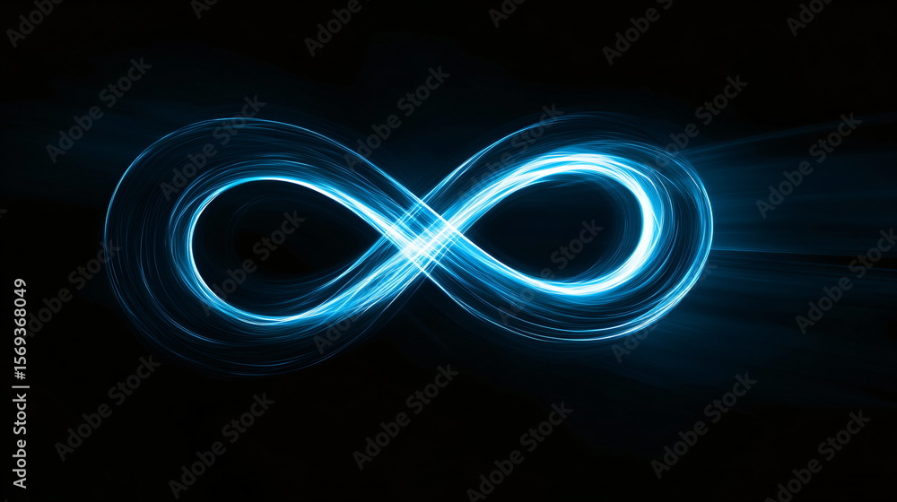 Poster colorful infinity symbol on abstract digital road. data flow. light trails representing high speed i