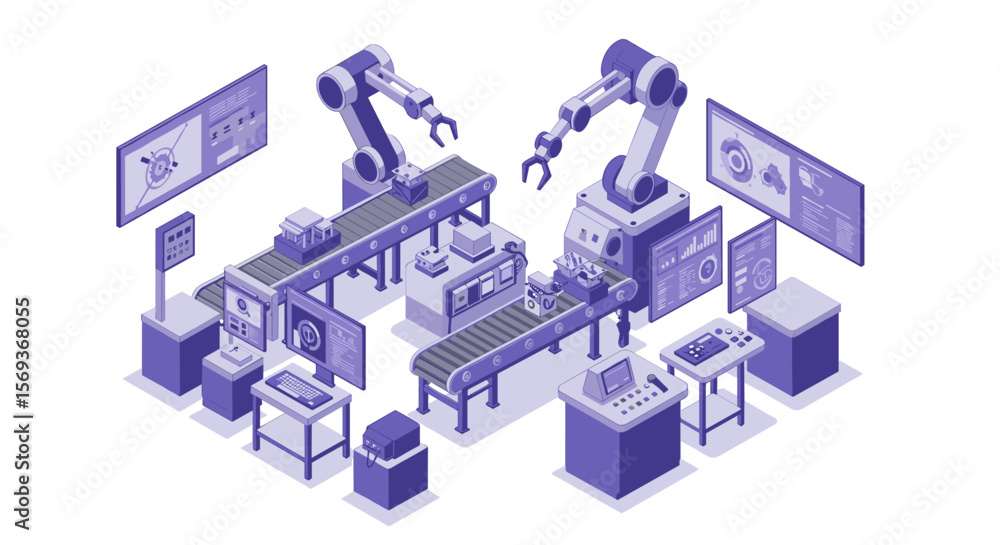 Poster isometric illustration of a robotic assembly line in a futuristic factory setting for technology des