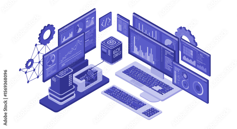 Poster isometric vector illustration of digital technology workspace with computers and data interfaces for