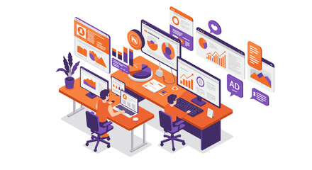 Fototapeta premium Isometric office workspace with data analysis and technology elements vector illustration for digital design