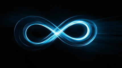 Colorful infinity symbol on abstract digital road. Data flow. Light trails representing high speed internet connection.