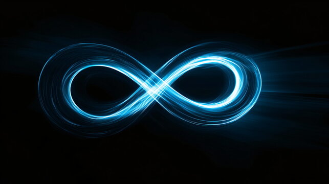 Colorful infinity symbol on abstract digital road. Data flow. Light trails representing high speed internet connection.