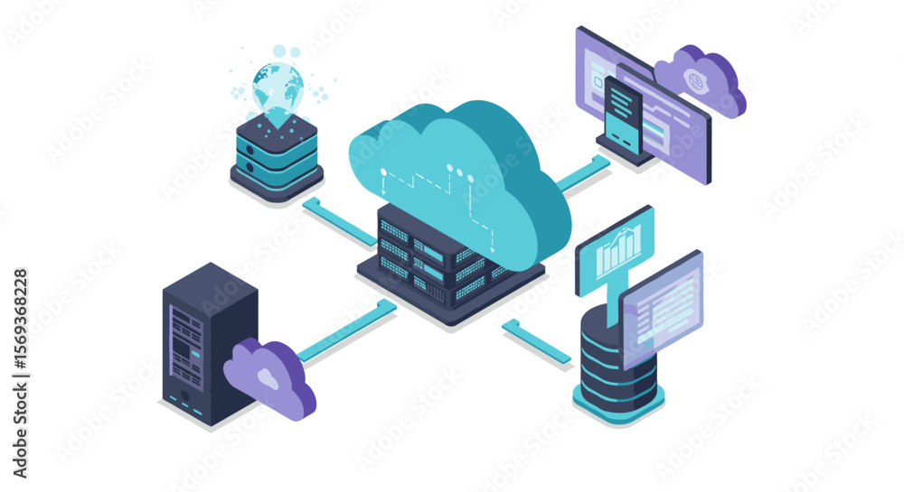 Poster cloud computing network system vector illustration in isometric design for tech concept presentation