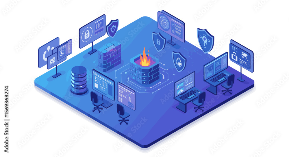 Poster cybersecurity network with firewalls and data protection systems in isometric vector illustration fo