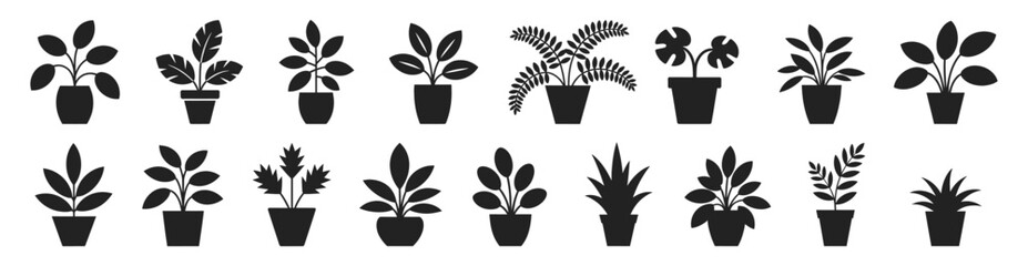 Indoor potted houseplants in silhouette vector illustration. Set includes leafy tropical plants in various pot shapes with bold and minimal leaf forms.