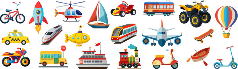 Colorful transportation and vehicle icons featuring land, air, sea and space travel methods, vector cartoon illustration set. Includes cars, trains, boats, planes, rockets, bikes flat design.