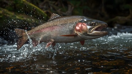 Rainbow trout leaps from clear river water, a dynamic scene of nature, angling, and wild trout, showcasing the beauty of freshwater species in their natural habitat.