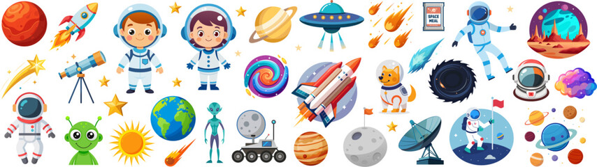 Space exploration themed cartoon set with astronauts, planets, rockets, and aliens, vector cartoon illustration. Colorful space mission elements including telescopes, rovers, stars in flat design.