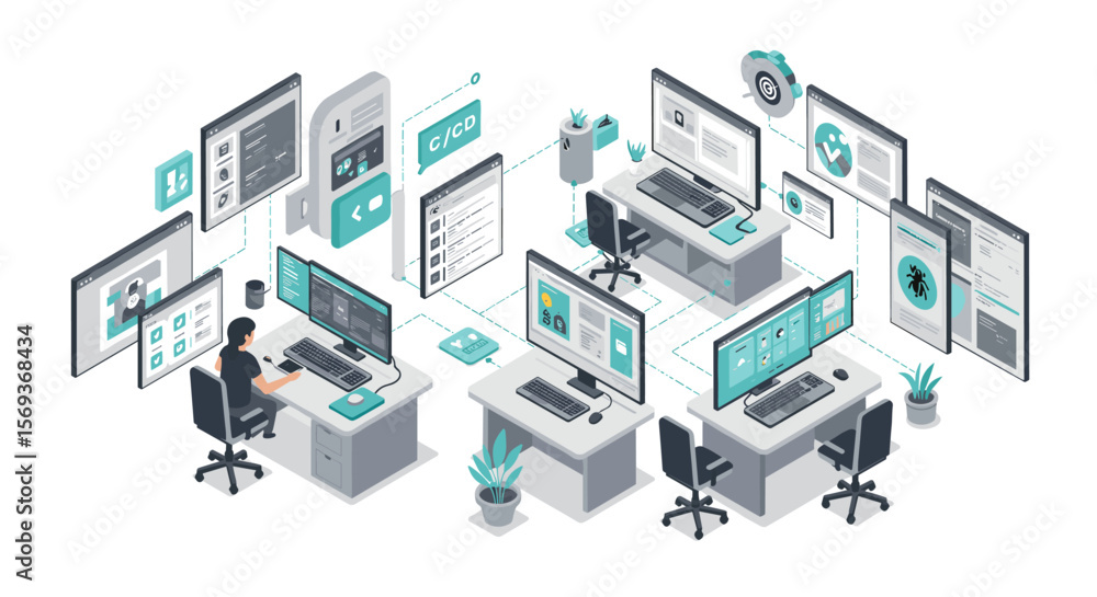 Aufkleber office workspace vector illustration featuring automation and ci/cd themes in isometric style