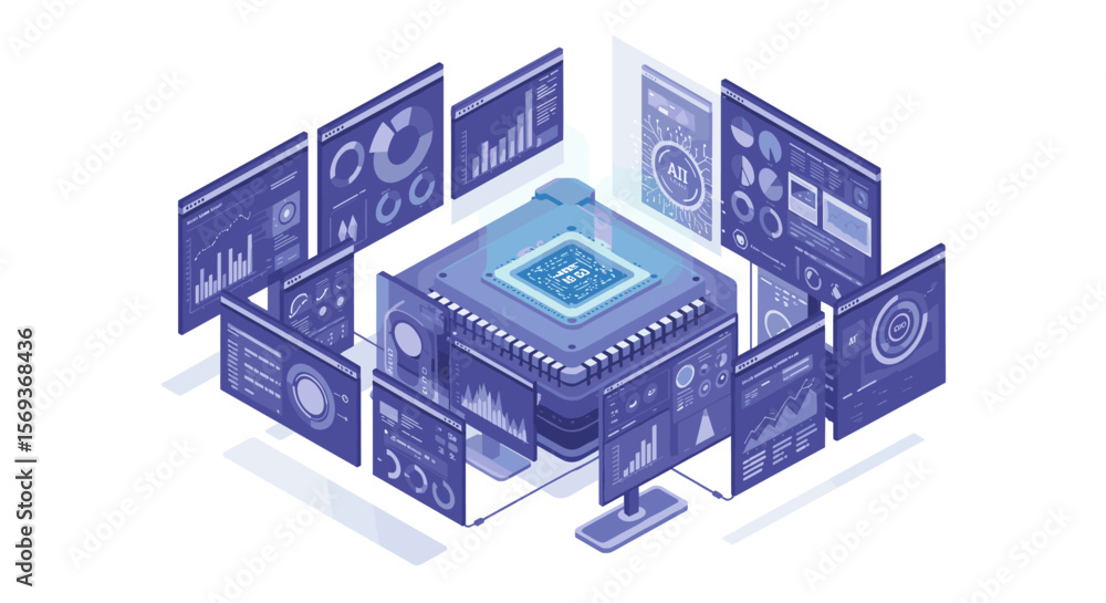 Poster isometric data analysis with ai and microchip concept vector illustration for technology and network