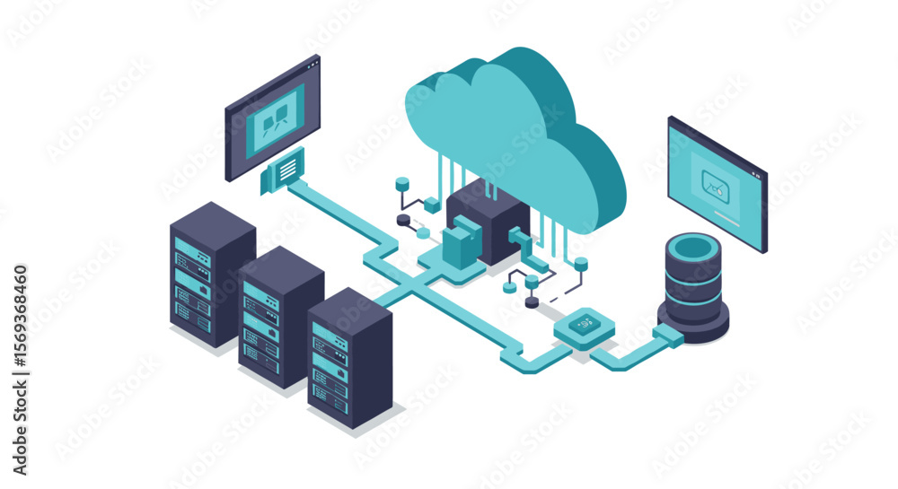 Poster cloud computing network with servers and data storage vector illustration