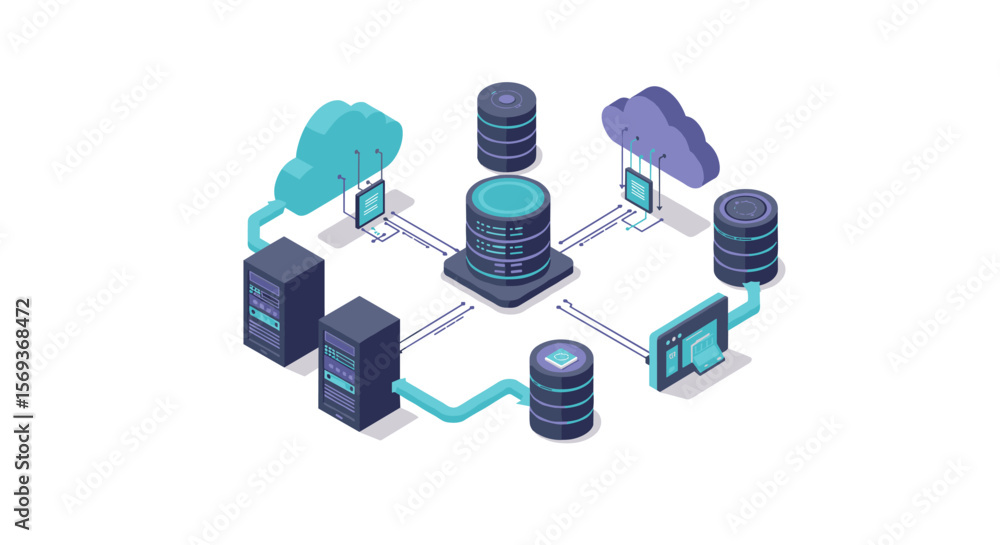 Poster isometric vector illustration of cloud computing network with servers and data storage for technolog