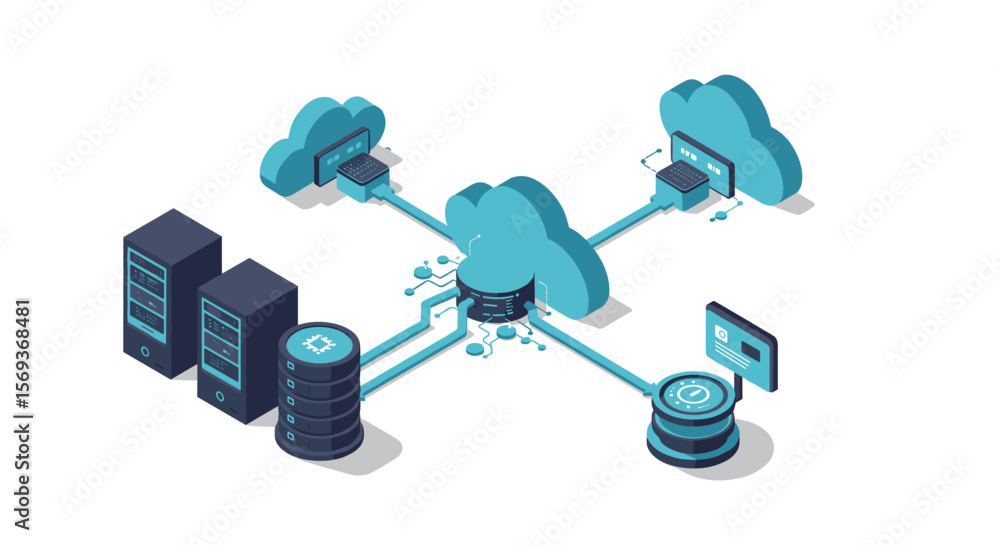 Poster cloud computing network vector illustration in isometric style for technology and data management de