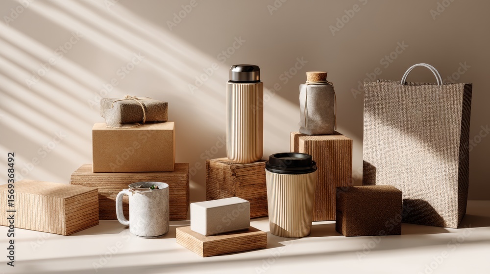 Poster minimal packaging design with boxes and cups on beige background for branding shipping delivery ecom